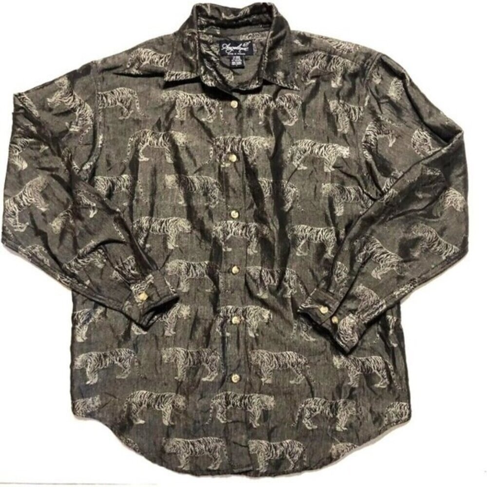 Vintage Angelique Made In Heaven Dress Shirt Tiger safari Print Womens unisex M